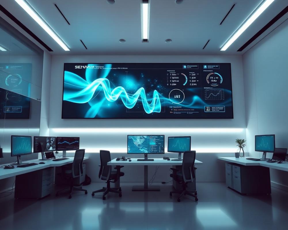 Modern technology workspace with large data display